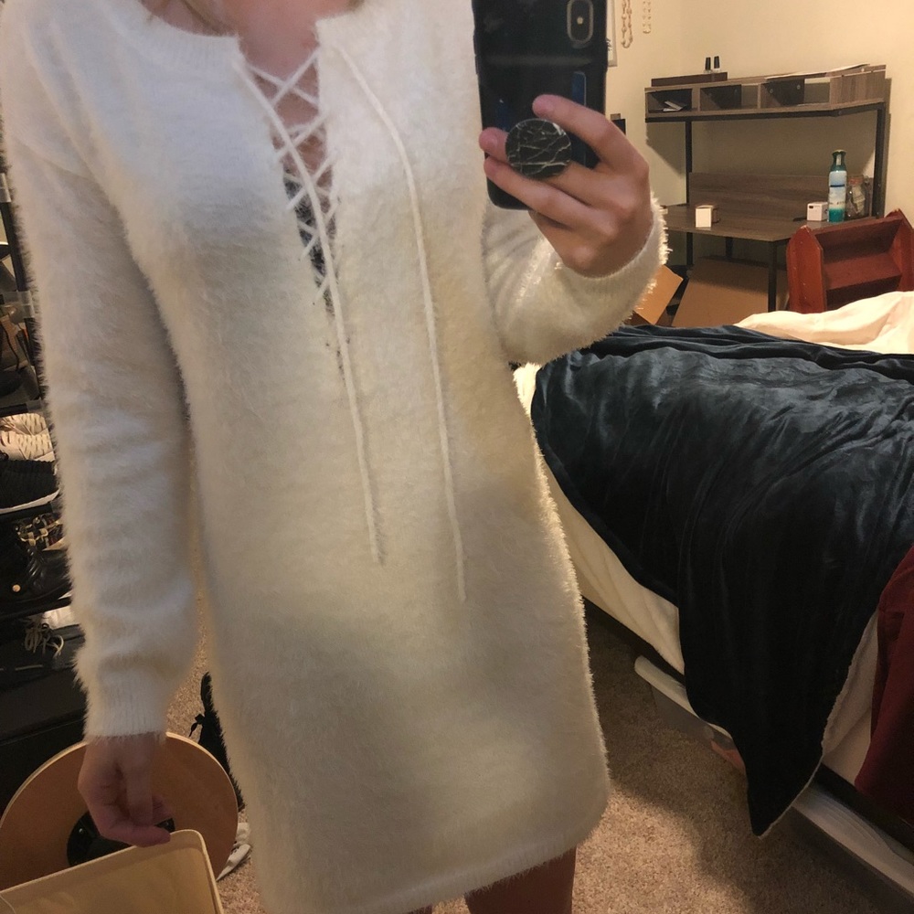 White fuzzy dress from Revolve